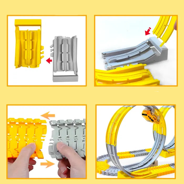 Instructions for assembling a flexible race track car set with loop design and easy-to-connect parts.