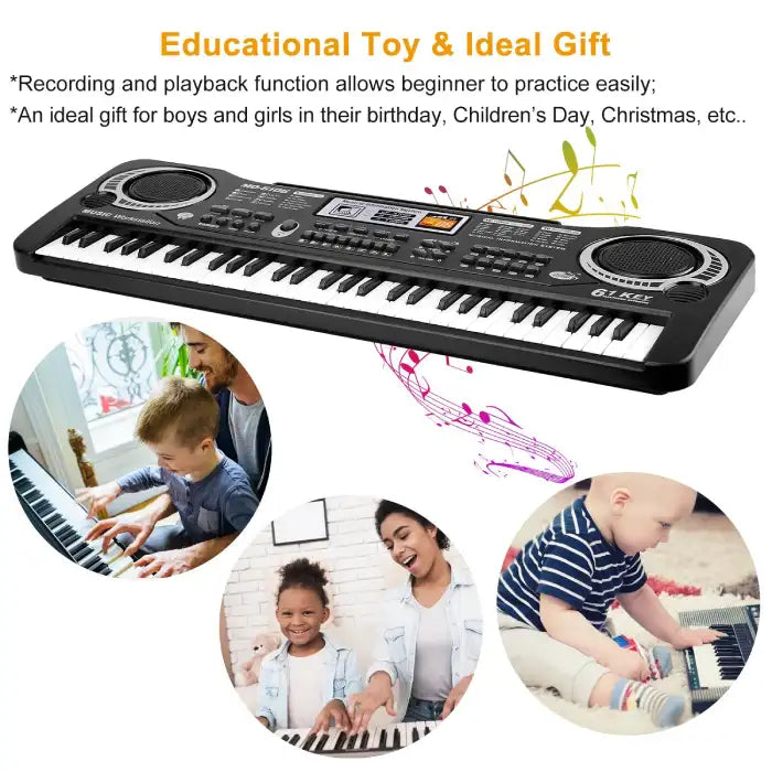 Electronic keyboard used by children with text describing it as a fun educational toy and gift idea.