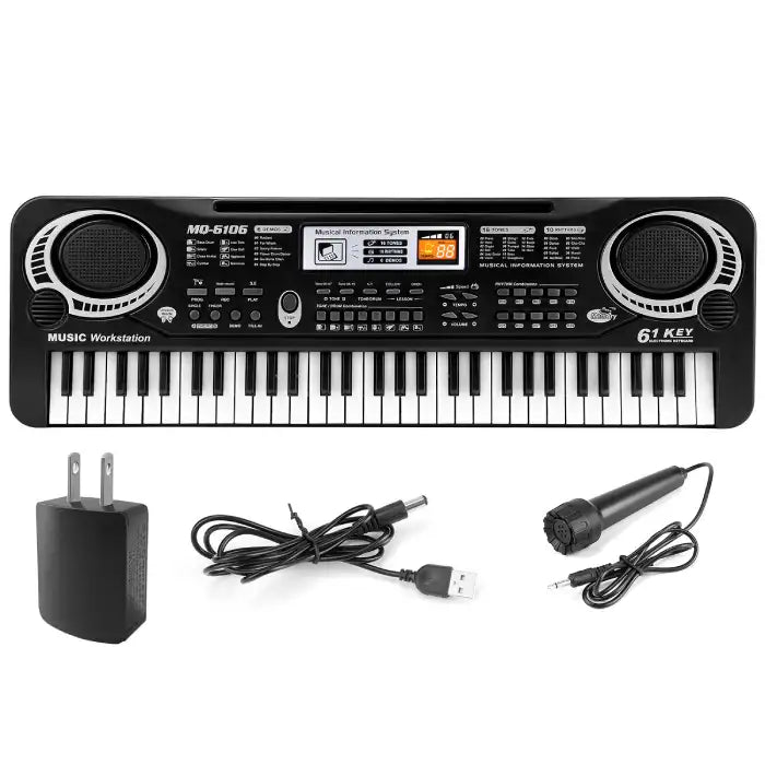 Electronic keyboard with power adapter, USB cable, and microphone displayed together clearly.