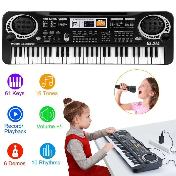 Electronic keyboard with a child playing and icons showing musical functions like rhythms and tones