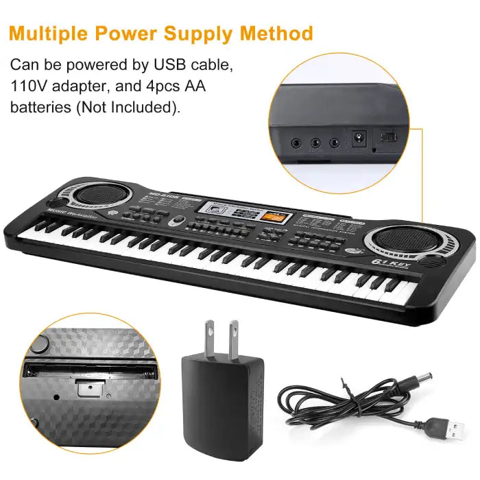 Electronic keyboard showing USB, adapter, and battery power supply options with close-up details.