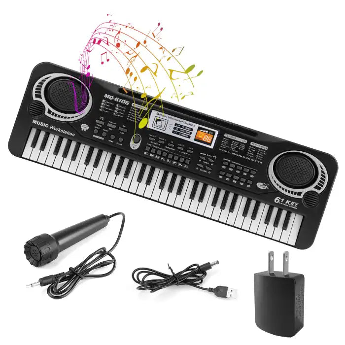 Electronic keyboard toy with musical notes, microphone, USB cable, and power adapter