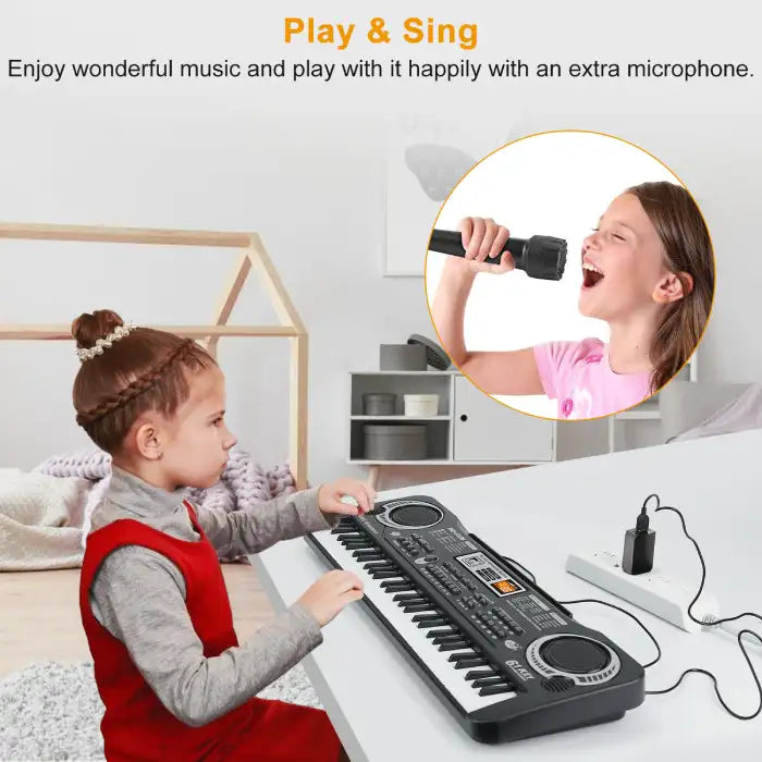 Electronic keyboard with microphone and child singing, highlighting play and sing features.