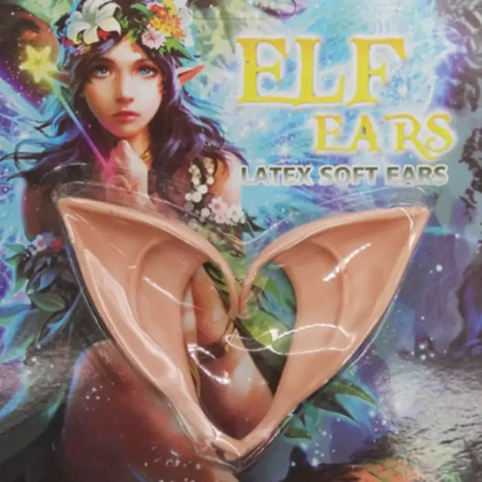 Elf Ears latex soft tips for cosplay characters with floral fantasy packaging background