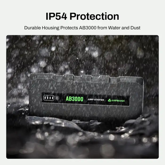 Emergency Starting Power IP54-rated jump starter resists dust and water for rugged outdoor use