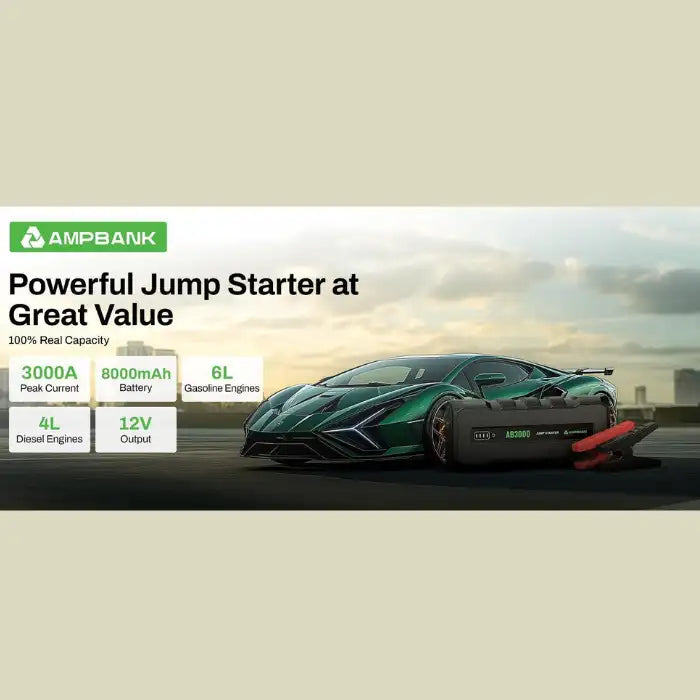 Emergency Starting Power jump starter connected to sports car with 3000A peak current output