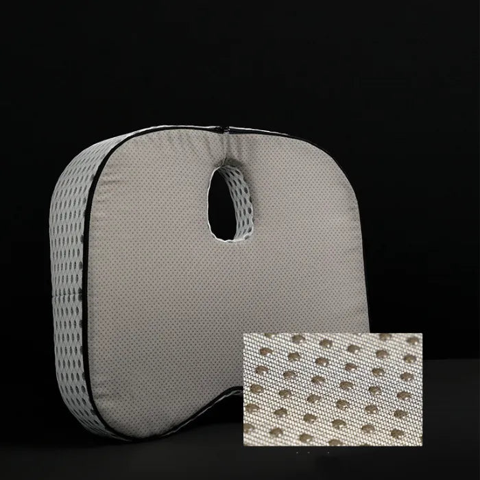 Side view of orthopedic seat cushion showing detailed mesh pattern and ergonomic shape design