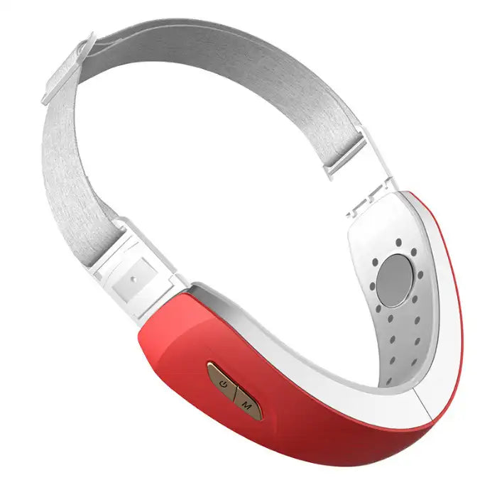 Side view of red and white facial slimming device with power button and adjustable strap