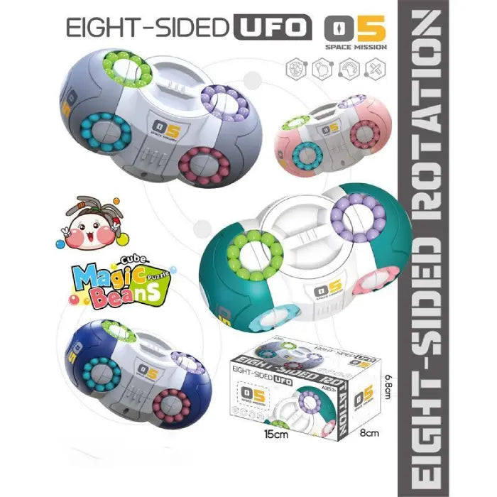 Fidget toy set with multiple colors and styles, labeled UFO magic beans puzzle for kids.