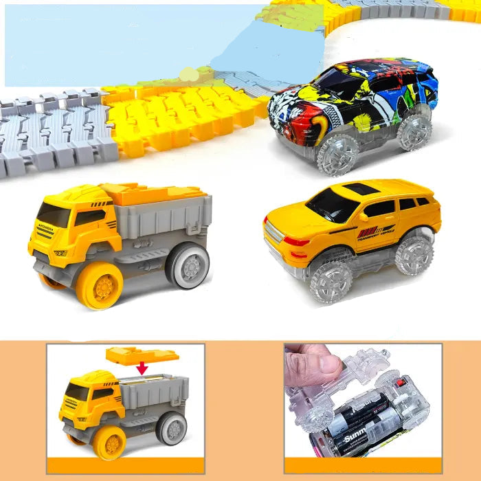 Flexible race track cars with dimensions, showing yellow dump truck and jeep powered by AA batteries.