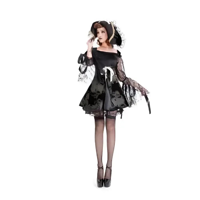 Gothic doll Halloween costume with short black dress and lace bonnet.