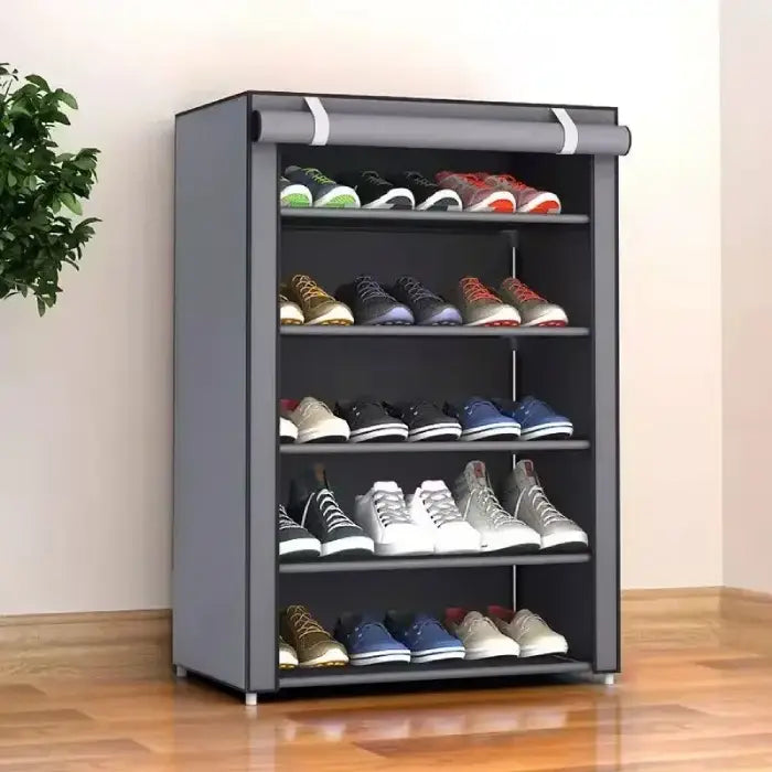 5 tier show rack with waterproof dust cover holding 15 pairs of different sneakers