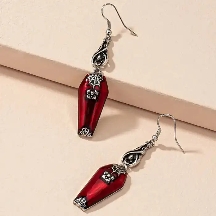 Halloween Blood Coffin Earrings with spider web and bat detail, gothic red and silver dangle design