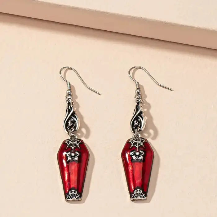 Halloween Blood Coffin Earrings featuring gothic black metal accents and detailed bat and web design