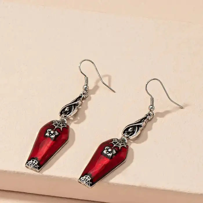 Halloween Blood Coffin Earrings shown as a pair with red enamel finish and gothic bat detailing