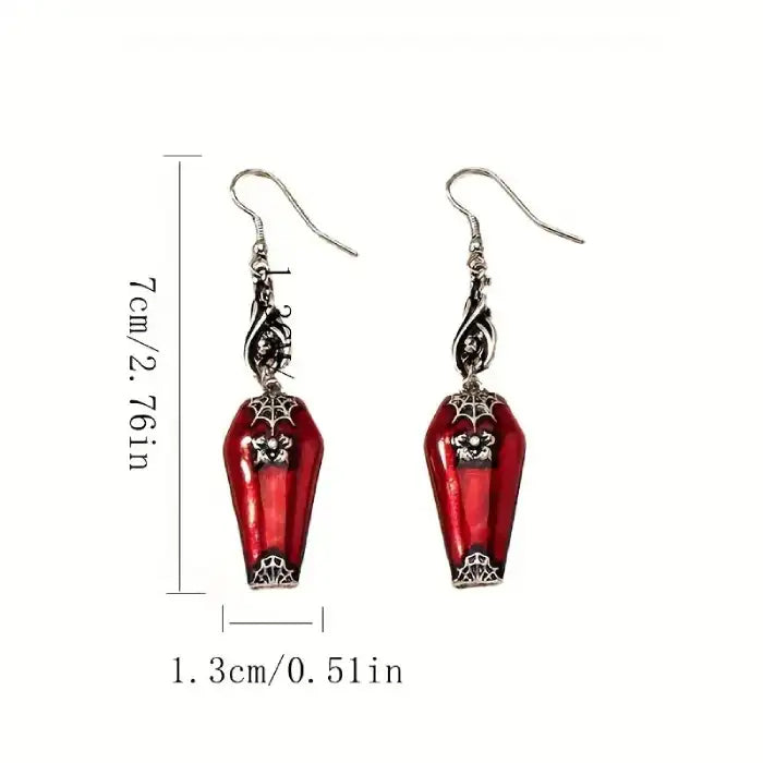 Halloween Blood Coffin Earrings displayed with measurements, 7cm long and 1.3cm wide in red and silver