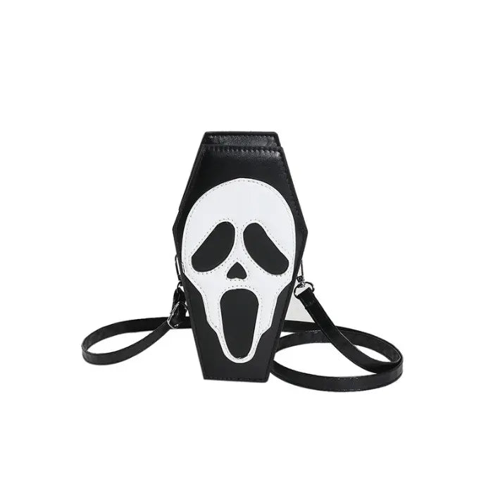 Halloween Coffin-shape Shoulder Bag in black with white scream face featuring long black strap
