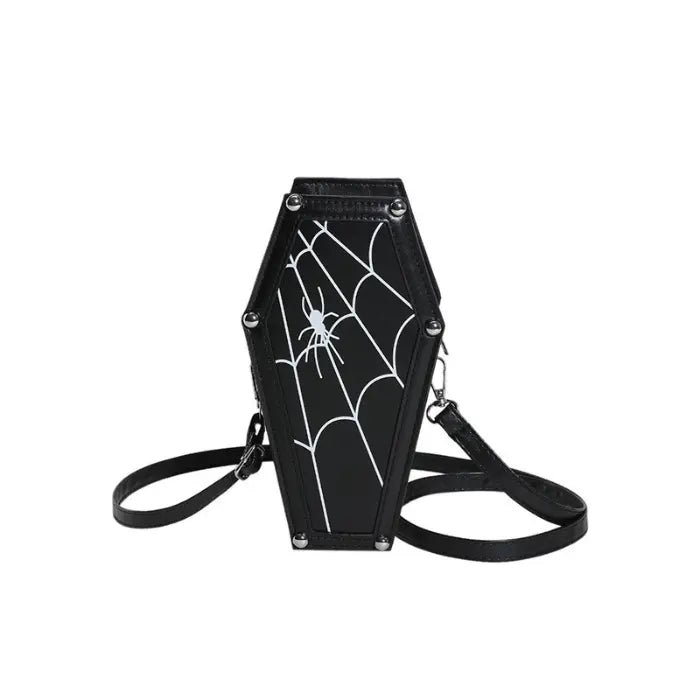 Halloween Coffin-shape Shoulder Bag in black with white spiderweb design and silver corner studs