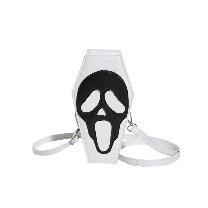 Halloween Coffin-shape Shoulder Bag in white with black scream face and white shoulder strap
