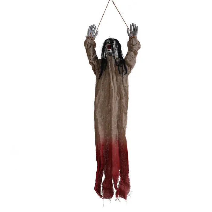 Halloween Decor Hanging Ghoul in burlap-style robe with blood-stained hem and screaming mouth.