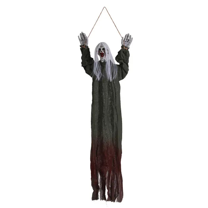 Halloween Decor Hanging Ghoul with green robe, long white hair, and terrifying red-stained face.