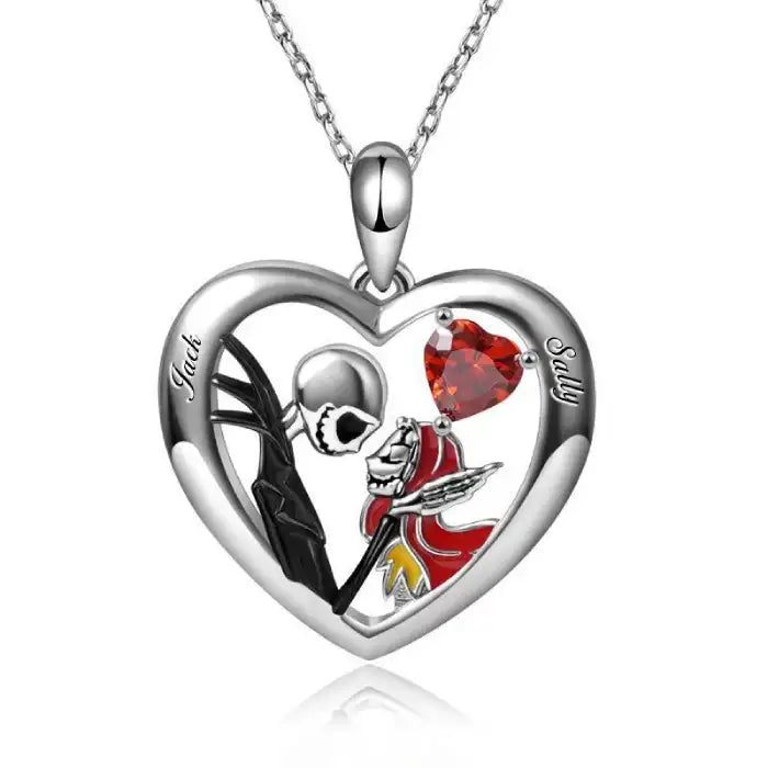 Halloween Gothic necklace with Jack and Sally design inside silver heart pendant with red gem