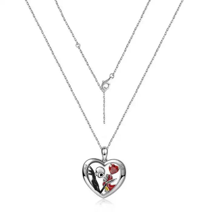 Halloween Gothic necklace with Jack and Sally heart pendant on double-layered silver chain