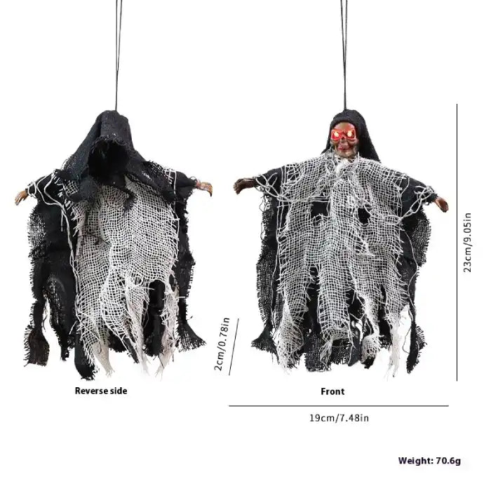 Halloween Hanging Ghost with black hood and torn white mesh, LED eyes, size and weight shown in detail.