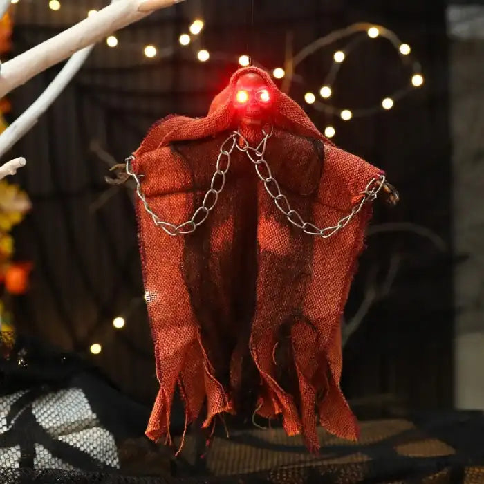 Halloween Hanging Ghost in red cloak with glowing eyes and hanging chain, perfect for spooky indoor decoration