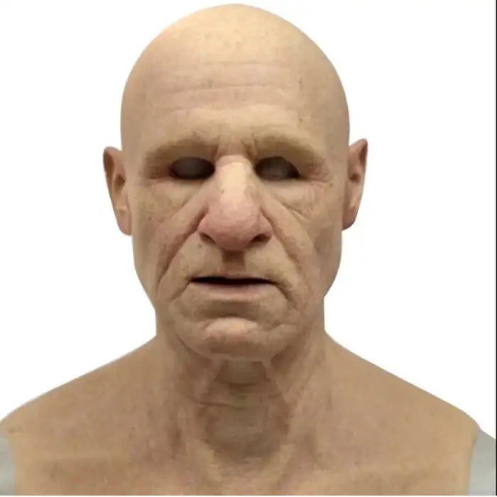Halloween Mask with realistic old bald man face featuring deep wrinkles and blank eyes
