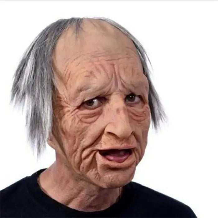 Halloween Mask of a spooky old man with gray patchy hair and exaggerated wrinkled face features