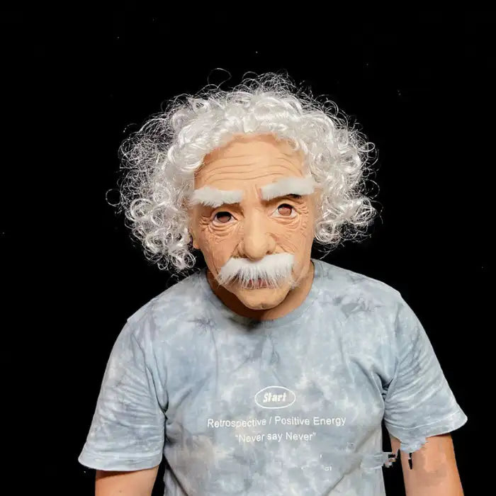 Halloween Mask styled like Einstein with curly white hair, thick eyebrows, and wrinkled face