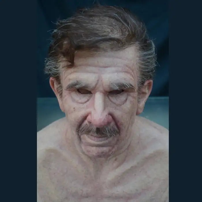 Halloween Mask of older man with brown hair, thick mustache, and realistic skin details