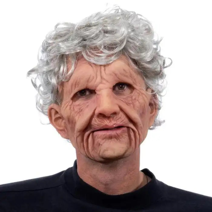 Halloween Mask depicting an old woman with curly silver hair and deep wrinkles on realistic silicone face