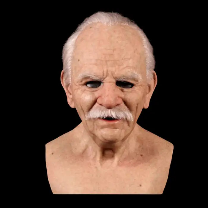 Halloween Mask featuring smiling elderly man with white mustache, receding hairline, and lifelike face