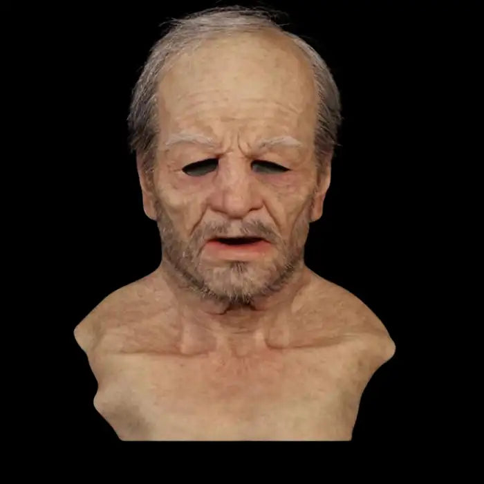 Halloween Mask of wrinkled old man with scruffy beard, aging skin, and bald head for realistic disguise