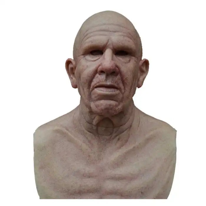 Halloween Mask showing ultra-realistic silicone old man with detailed wrinkles and bald head