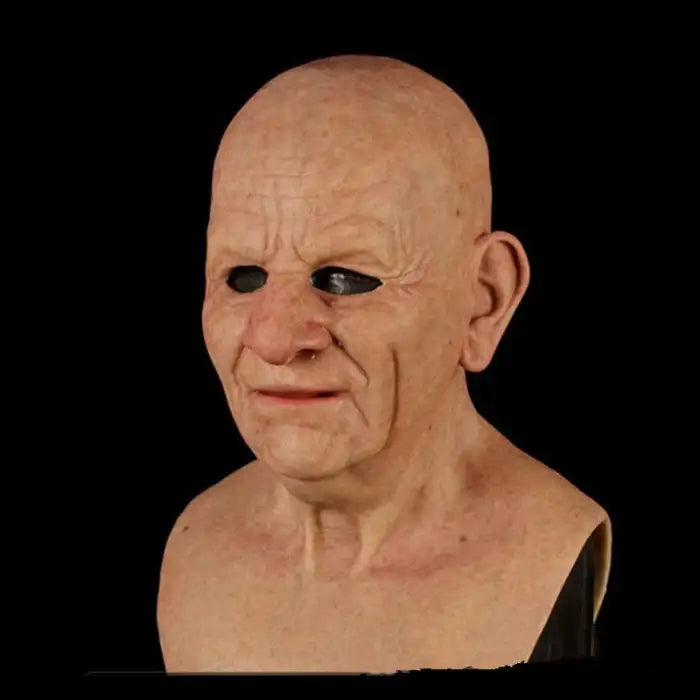 Halloween Mask featuring a creepy smiling old man with blank black eye holes and realistic skin texture
