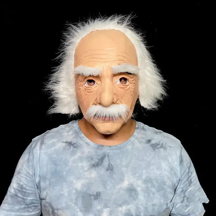Halloween Mask inspired by genius look with wild white hair, mustache, and detailed wrinkled face