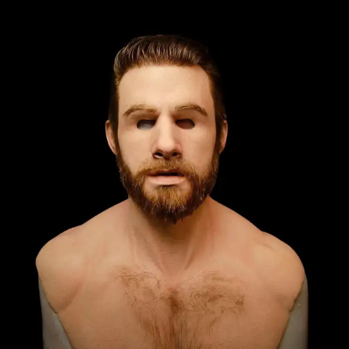 Halloween Mask resembling young bearded man with styled brown hair and lifelike silicone skin
