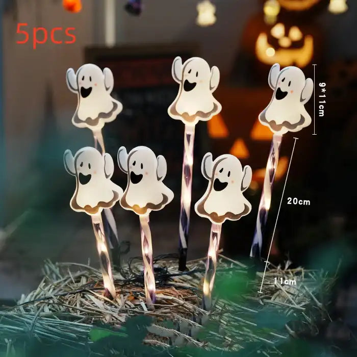 Halloween Pumpkin LED lights ghost stakes set of 5 with glowing wands and size dimensions displayed