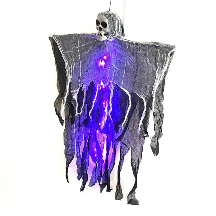 Halloween skeleton ghost with glowing purple lights and black tattered cloth for indoor or outdoor decor.
