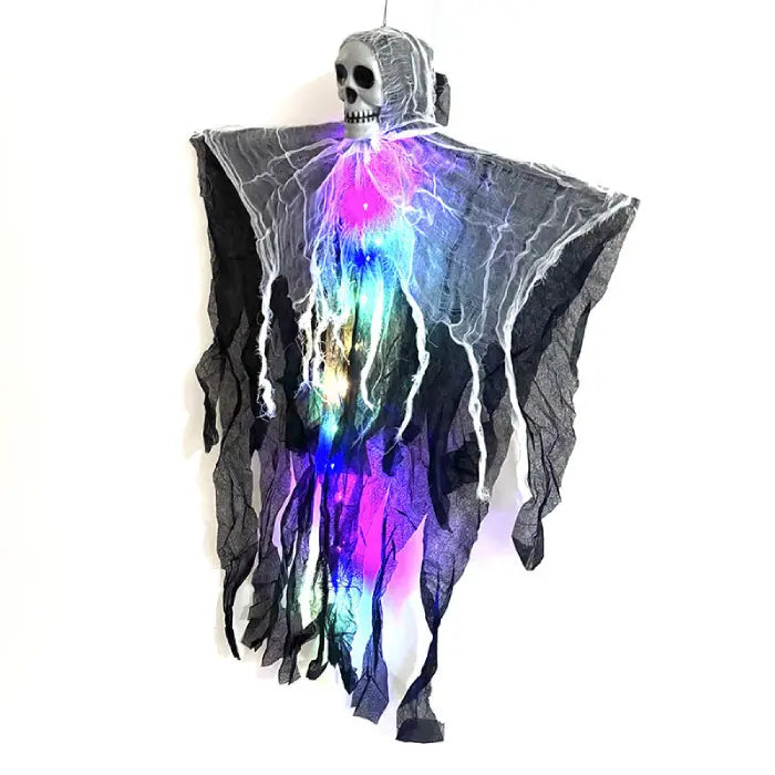 Hanging halloween skeleton ghost with rainbow LED lights and shredded fabric for spooky home decor.