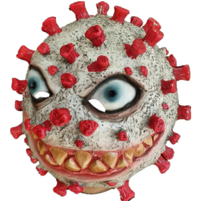 Halloween virus costume mask front view with eye slits, scary expression, red spikes, and jagged teeth.