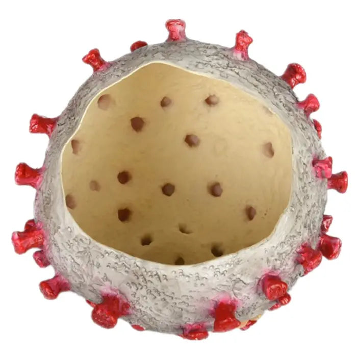 Halloween virus costume mask top view showing hollow interior with red spikes and gray textured surface.