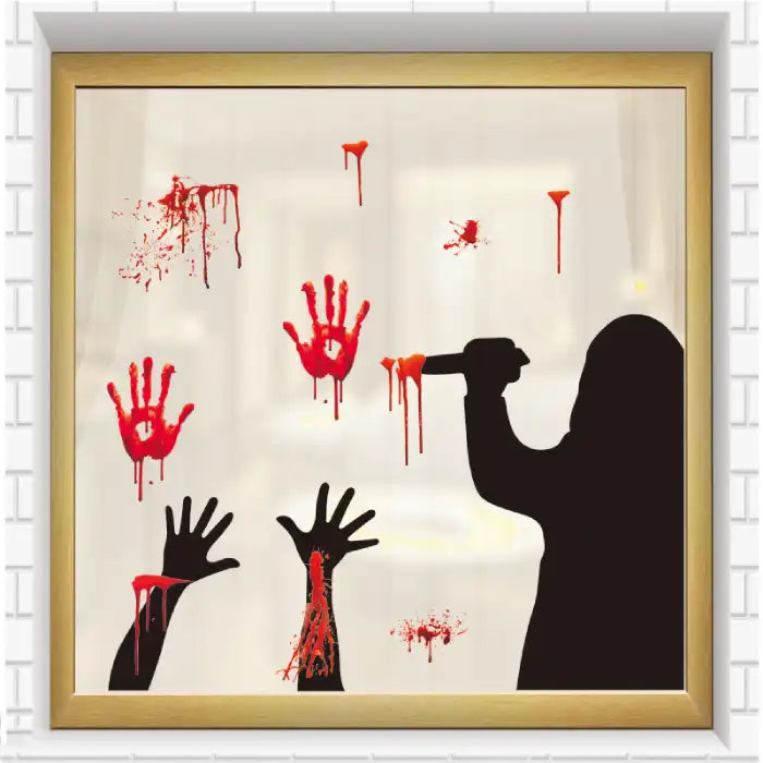 Halloween window decal with red bloody hands, splatter marks, and dark figure holding knife.