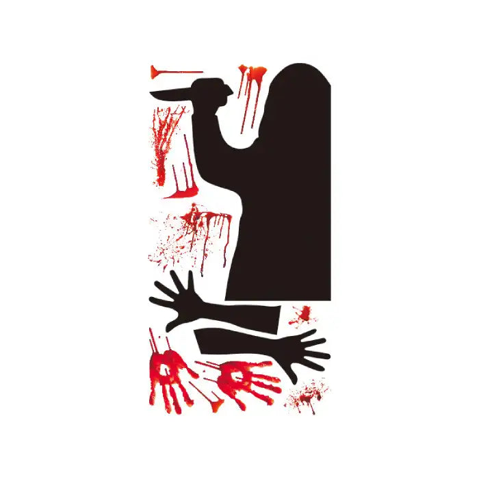Halloween window decal set with knife silhouette, bloody handprints, arms, and splatters on white background.