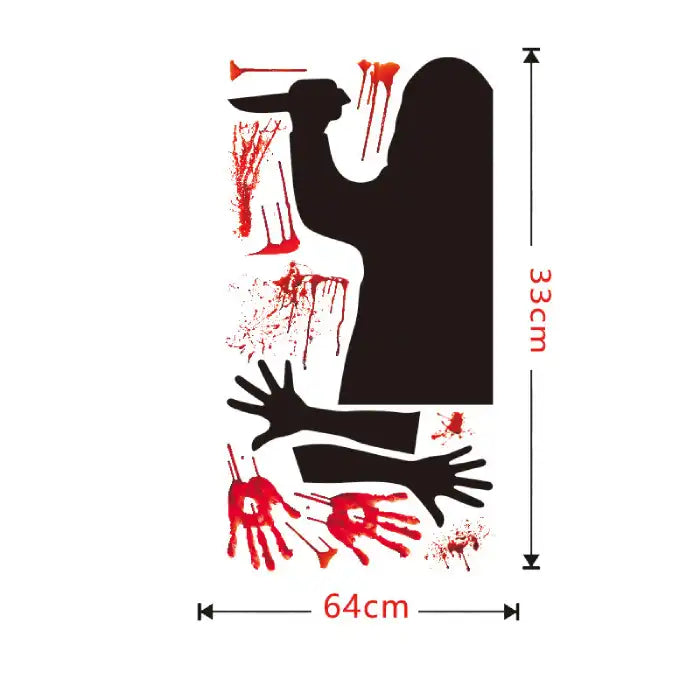 Halloween window decal size chart with knife figure, bloody prints, and arms, labeled in centimeters.