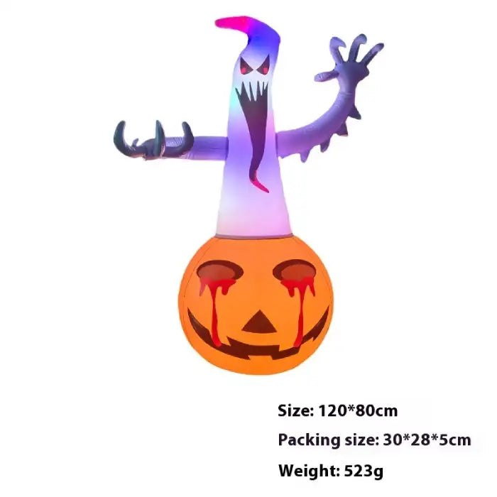 Halloween yard inflatables ghost with glowing pumpkin base showing product size and weight details.