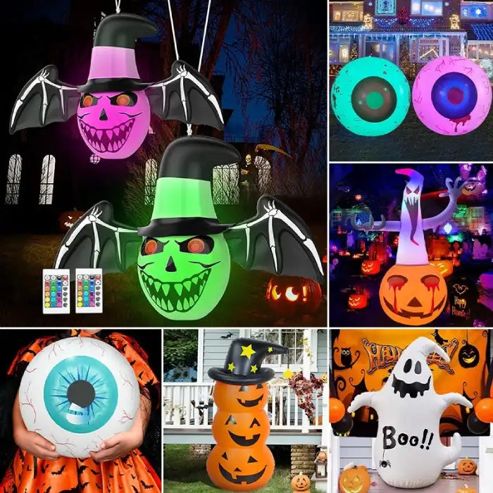 Halloween yard inflatables with LED lights featuring pumpkins, ghosts, witches, and spooky eyeballs.